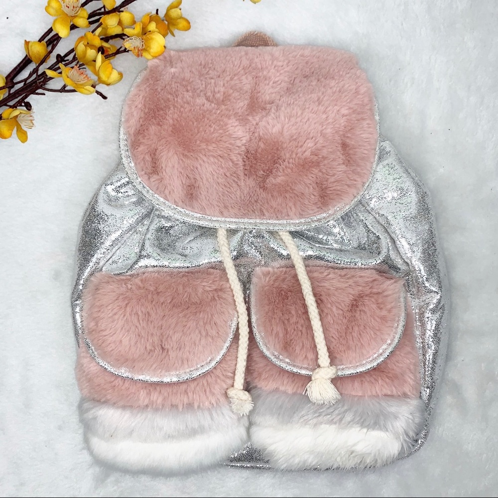 ZARA GIRL Fuzzy & Silver Glitter Backpack School Casual